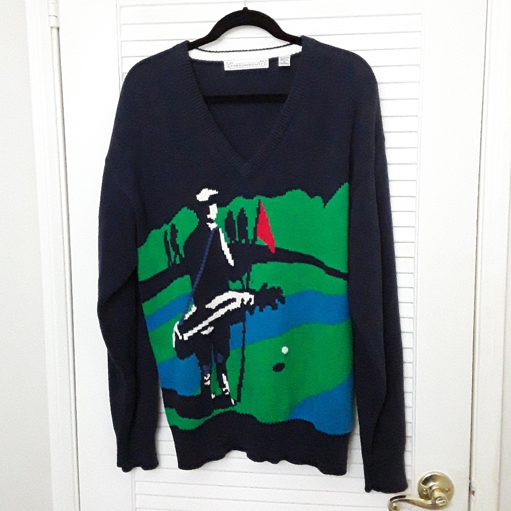 John Ashford Golf V Neck Mens Sweater Blue Green